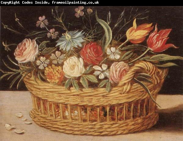unknow artist Still life of roses,tulips,chyrsanthemums and cornflowers,in a wicker basket,upon a ledge